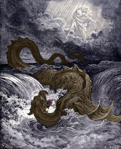 Il Leviatano, mostro marino simile al serpente marino menzionato nella Bibbia. Illustrazioni della Bibbia di Gustave Doré. Incisione del XIX secolo da Gustave Dore