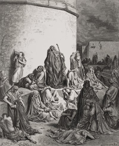 Il popolo in lutto sulle rovine di Gerusalemme, Lamentazioni 1:1-2, illustrazione dalla 