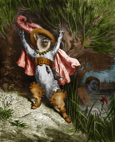 Il gatto con gli stivali chiede aiuto. Incisione di Gustave Doré da 
