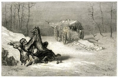 Il brigante Agostin è attaccato da un lupo, vicino al cavallo morto ancora nel carro abbandona i comici, o nasconde la piccola Chiquita. Incisione di Gustave Doré che illustra il romanzo di Théophile Gautier 