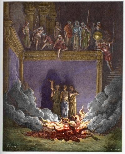 La fornace ardente (i tre giovani di Babilonia, i tre giovani ebrei o i tre giovani uomini) Anania, Azaria e Misaele precipitati in una fornace ardente perché rifiutano di inchinarsi davanti alla statua del re di Babilonia da Gustave Dore