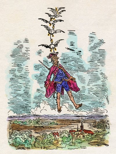 Le anatre sollevano in aria il barone di Munchhausen (Munchausen). Illustrazione di Gustave Dore (1832-1883) per "" Le meravigliose avventure terrestri e marine del Barone di Munchausen" di Rudolf Erich Raspe (1737-1794). da Gustave Dore