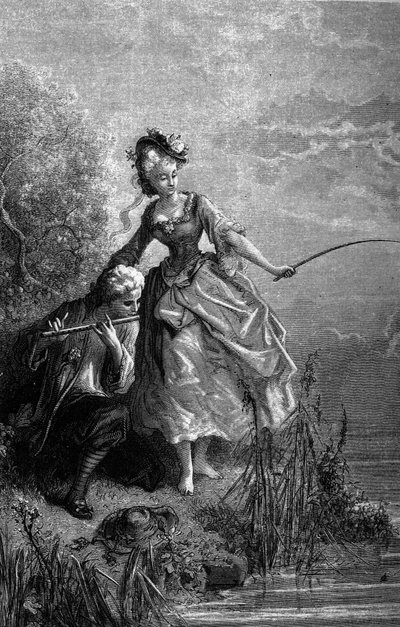 Il pesce e il pastore che suona il flauto. Il suono del flauto serve da esca. Favole di Jean de La Fontaine. Illustrazione di Gustave Doré da Gustave Dore