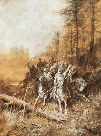 La marcia dei cavalieri, illustrazione per la serie di poesie, Idilli del Re da Gustave Dore