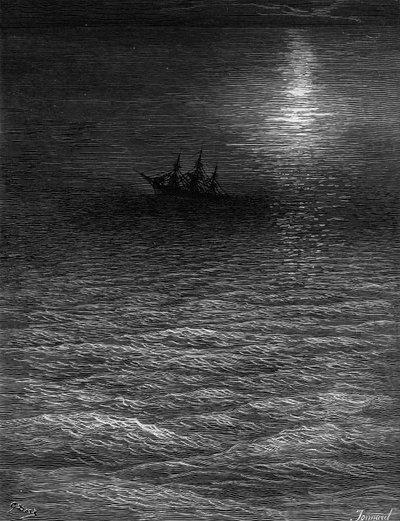La nave abbandonata in un mare illuminato dalla luna, scena da 