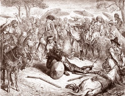 I mercanti di Toledo osservano mentre uno dei loro mulattieri picchia Don Chisciotte, incisione di Gustave Doré per 