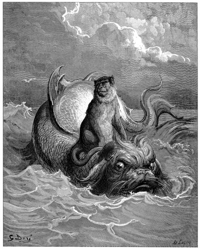 La scimmia e il delfino: favola, Favole di Jean de La Fontaine (1621-1695). Illustrazione di Gustave Dore (1832-1883) da Gustave Dore
