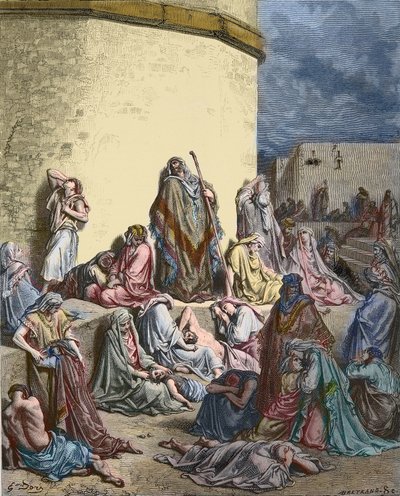 Il popolo di Israele piange su Gerusalemme - Antico Testamento - Lamentazioni di Geremia - Il popolo piange tra le rovine di Gerusalemme - incisione di Gustave Doré - colorazione successiva da Gustave Dore