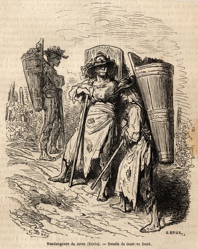 I raccoglitori di Xeres. Disegno di Gustave Doré, per illustrare il suo viaggio in Spagna nel 1862, con Ch. Davillier. Incisione in "Le tour du monde", edito da Edouard Charton da Gustave Dore