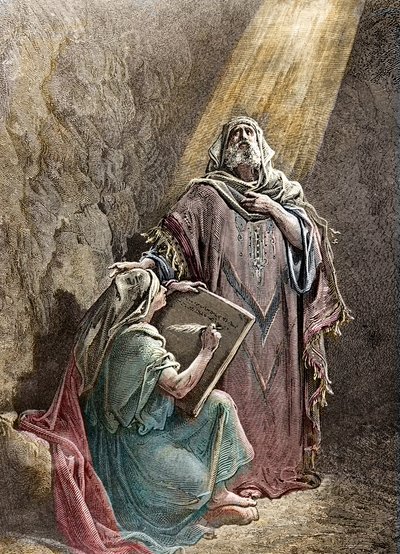 Il profeta Geremia che detta le sue profezie a Baruch - Incisione colorata di Pannemacker, dalla Bibbia di Gustave Doré (1832-1883) da Gustave Dore