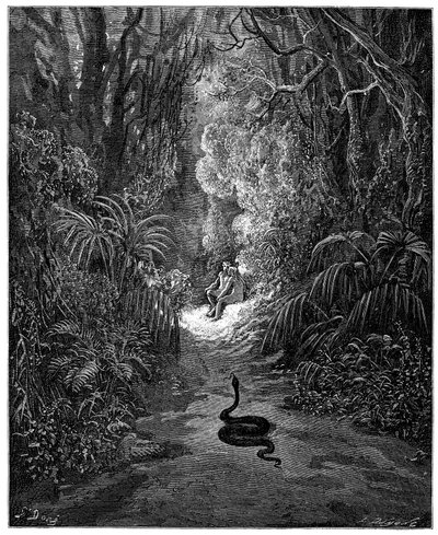 Il serpente si dirige verso Adamo ed Eva. Illustrazione di Gustave Doré per "Paradiso Perduto" di John Milton (1608-1674). Incisione del 1866. Collezione privata da Gustave Dore