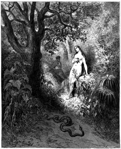 Il serpente si dirige verso Adamo ed Eva. Illustrazione di Gustave Doré per "Paradiso Perduto" di John Milton (1608-1674) - Tentazione - Pesca - Incisione del 1866. Collezione privata da Gustave Dore