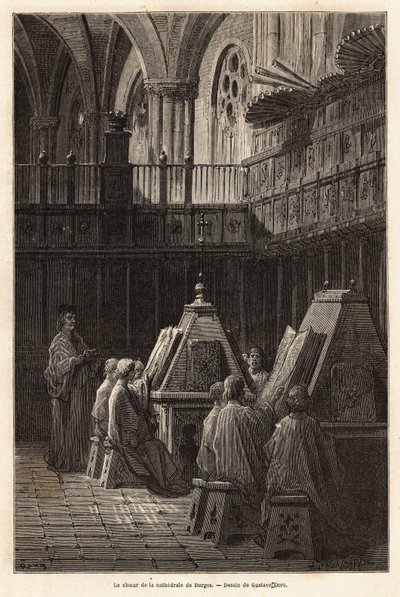 Lo studio dei salmi da parte del coro della Cattedrale di Santa Maria di Burgos, disegno di Gustave Dore, incisione per illustrare il viaggio in Spagna, di Charles Davillier, 1862 da Gustave Dore