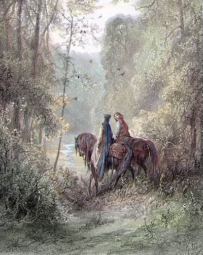 Si persero sotto boschetti che sembravano un paradiso di fiori (Ginevra e Lancillotto) - in "Ginevra" di Alfred Tennyson, ill. di Gustave Doré Parigi, Librairie Hachette et Cie da Gustave Dore