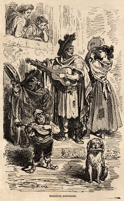 Musicisti itineranti a Valencia. Disegno di Gustave Doré per illustrare il suo viaggio in Spagna con C. Davillier nel 1862. Incisione in "Le tour du monde", a cura di Edouard Charton da Gustave Dore