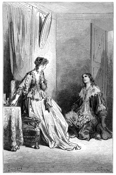 Vallombreuse si inginocchia davanti a Isabelle, di cui è innamorato. Incisione di Gustave Doré che illustra il romanzo di Théophile Gautier "Le capitaine Fracasse", edizione Charpentier 1863. da Gustave Dore