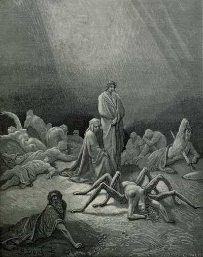 Virgilio (70-19 a.C.) e Dante che guardano la donna ragno, illustrazione da 