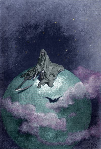 Visione della Morte seduta sul globo con la sua falce da Gustave Dore