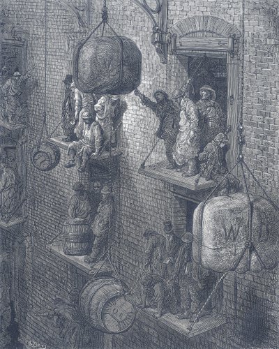 Magazzini nella città di Londra. Da Gustave Doré e Blanchard Jerrold Londra: Un Pellegrinaggio Londra 1872 da Gustave Dore