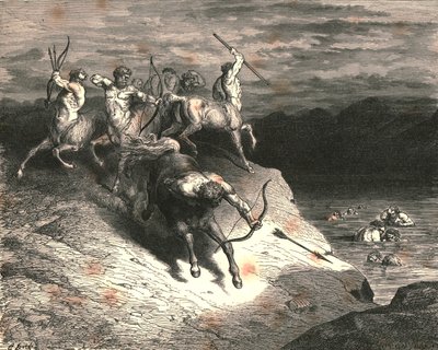 Noi verso quelle bestie, che rapidamente avanzavano, ci avvicinammo, quando Chirone prese una freccia, c1890 da Gustave Dore