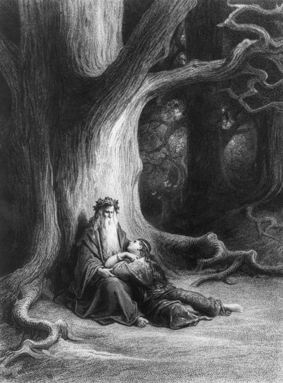 Mago Merlino e Fata Vivien nella foresta di Brocéliande. Dal poema 