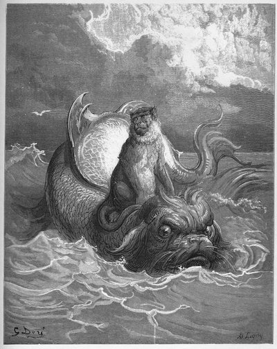scimmie e delfino - da "Favole" di Jean de La Fontaine da Gustave Dore