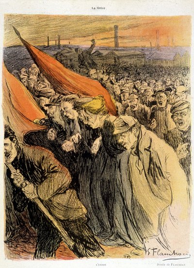 Folla curva con bandiere rosse, La Grève di Flaschoën, inizi 20° sec. da Gustave Flasschoen