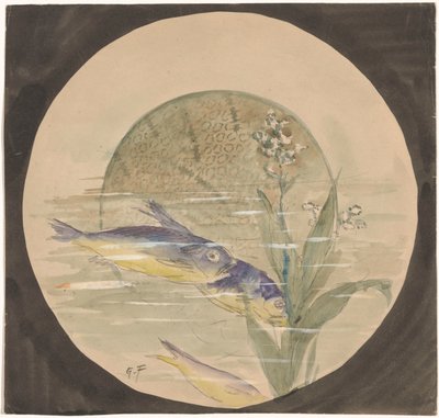Progetto per un piatto con tre pesci blu-gialli che nuotano verso il basso vicino a una pianta acquatica da Gustave Fraipont (signed by artist)