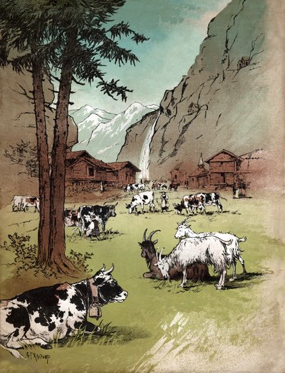 Fattoria e paesaggio nelle Alpi svizzere (illustrazione) da Gustave Fraipont