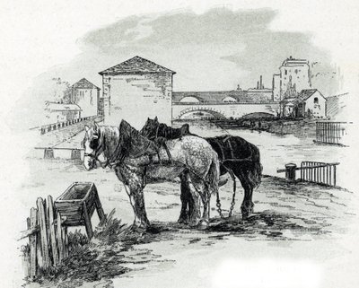 Cavalli da traino, quai de la Gironde, Villette Disegno di Gustave Fraipont (1849-1923) da Saint-Juirs da Gustave Fraipont