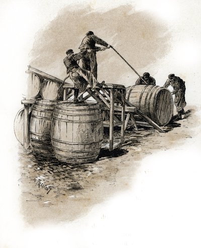 Impilamento delle botti di vino, Bercy, Parigi. Disegno di Gustave Fraipont (1849-1923) tratto da 