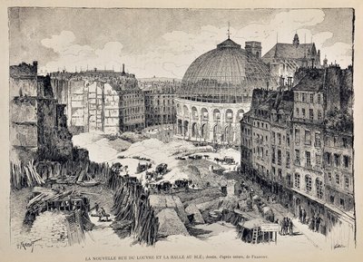 La nuova Rue du Louvre e la Halle au Blé a Parigi nel 1887. Illustrazione di Gustave Fraipont (1849 - 1923). Incisione del 1887 in 