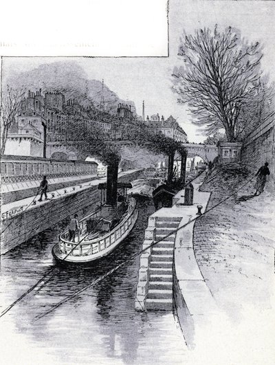 Barche da traino alla chiusa sul fiume Senna davanti all