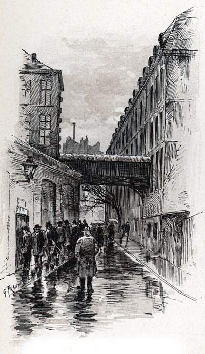 Vista di un dormitorio in rue de la Bucherie nel quartiere Maubert, Parigi. Disegno di Gustave Fraipont (1849-1923) tratto da Saint-Juirs da Gustave Fraipont