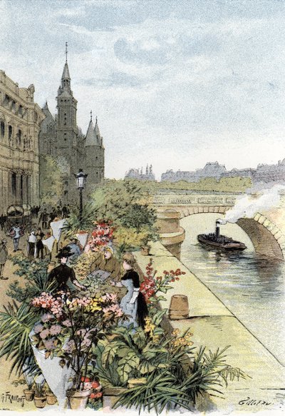 Veduta del mercato dei fiori, Île de la Cité, Parigi da Gustave Fraipont
