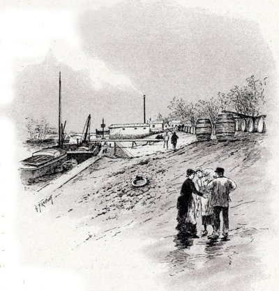 Vista delle rive della Senna e del quai Saint-Bernard, Parigi. Disegno di Gustave Fraipont (1849-1923) tratto da 