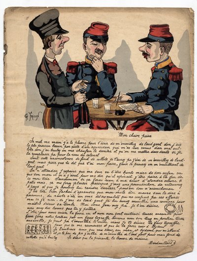 Una lettera assurda di un soldato scritta al padre, con errori di ortografia e grammatica, riguardo a soldi e famiglia. Disegno di Gustave Frison in 