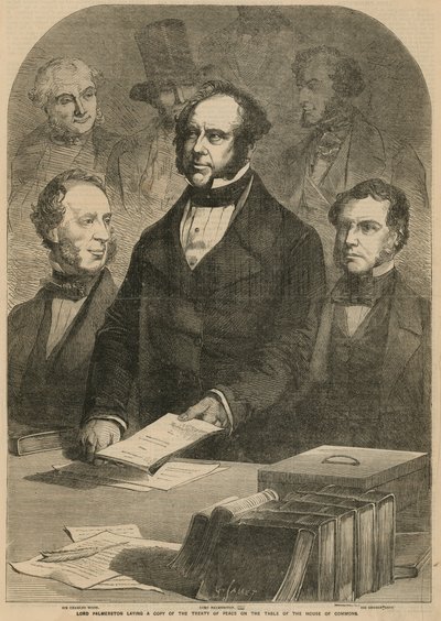 Lord Palmerston che depone una copia del Trattato di Pace sul tavolo della Camera dei Comuni da Gustave Janet