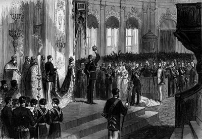 Lo zar russo Alessandro III (1845-1894) si incorona durante la cerimonia di elevazione al trono, nella cappella del Palazzo d