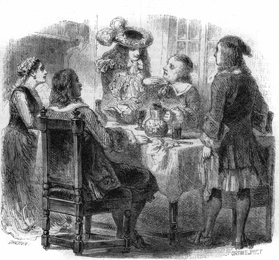 Lo zar russo Pietro il Grande (1672-1725), ospite in Francia presso la famiglia Kalf, osserva la discussione tra il suo ospite e un ubriaco, il marchese de Bernardini. Incisione di Gustave Janet da Gustave Janet