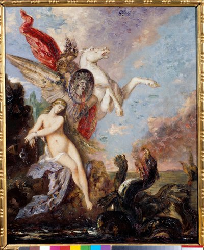 Andromeda incatenata a una roccia viene liberata da Perseo da Gustave Moreau
