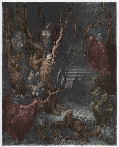 Inferno, Canto 13: Le arpie nella foresta dei suicidi, illustrazione dalla Divina Commedia di Dante Alighieri, 1885 da Gustave after Dore