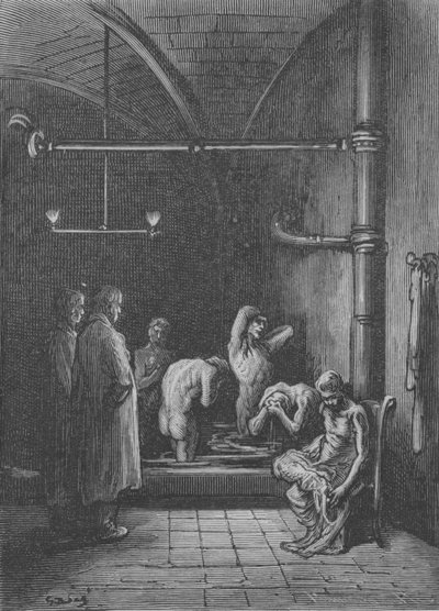 La toilette in un rifugio da Gustave after Dore