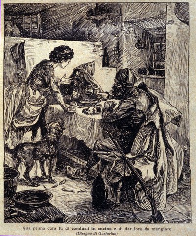 La sua prima preoccupazione fu di portarli in cucina e nutrirli... Illustrazione del nuovo "Colomba" scritto da Prosper Merimee. Incisione di Gustavino (Gustavo Rosso) (1881-1950), circa 1915 da Gustavo Gustavino Rosso