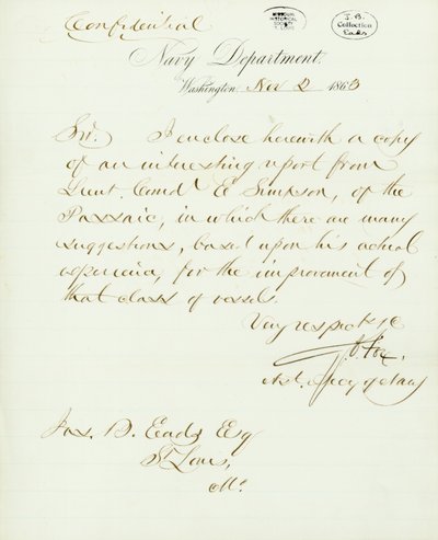 Lettera firmata G.V. Fox, Dipartimento della Marina, Washington, a Jas. B. Eads [James B. Eads], St. Louis, Mo., 2 novembre 1863 da Gustavus Vasa Fox