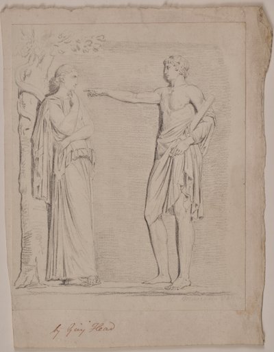 Figura femminile drappeggiata in modo classico in piedi vicino a un albero, scalata da un serpente da Guy Head