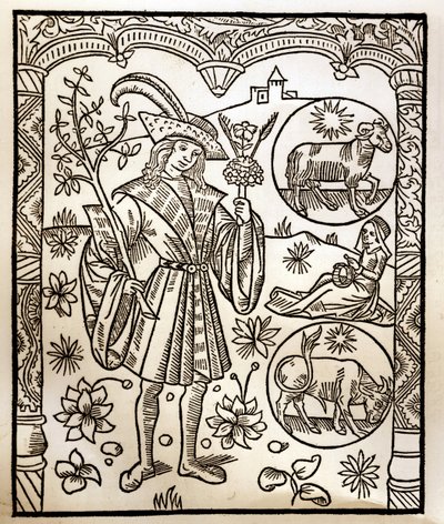Calendario del pastore - I lavori dei mesi - Aprile - Xilografia dal libro del 1496 stampato da Guy Marchant (Guido Mercator) a Troyes - Incisione su legno in 