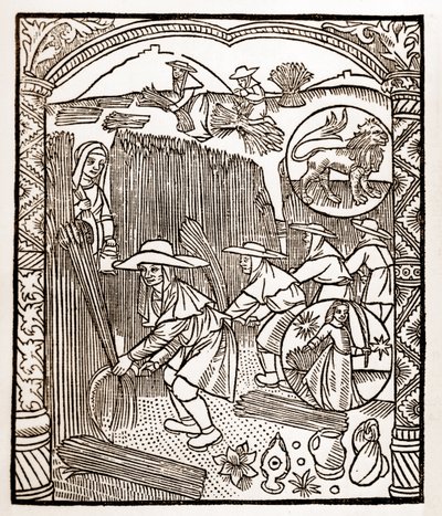 Calendario del pastore - I lavori dei mesi - Agosto - Xilografia dal libro del 1496 stampato da Guy Marchant (Guido Mercator) a Troyes - Incisione su legno in 