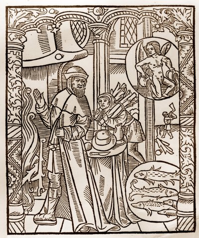 Calendario del pastore - I lavori dei mesi - Febbraio - Xilografia dal libro del 1496 stampato da Guy Marchant (Guido Mercator) a Troyes - Incisione su legno in 
