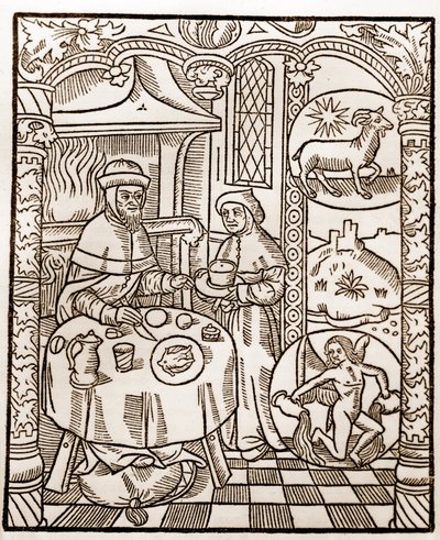 Calendario del pastore - I lavori dei mesi - Gennaio - Xilografia dal libro del 1496 stampato da Guy Marchant a Troyes da Guy Marchant